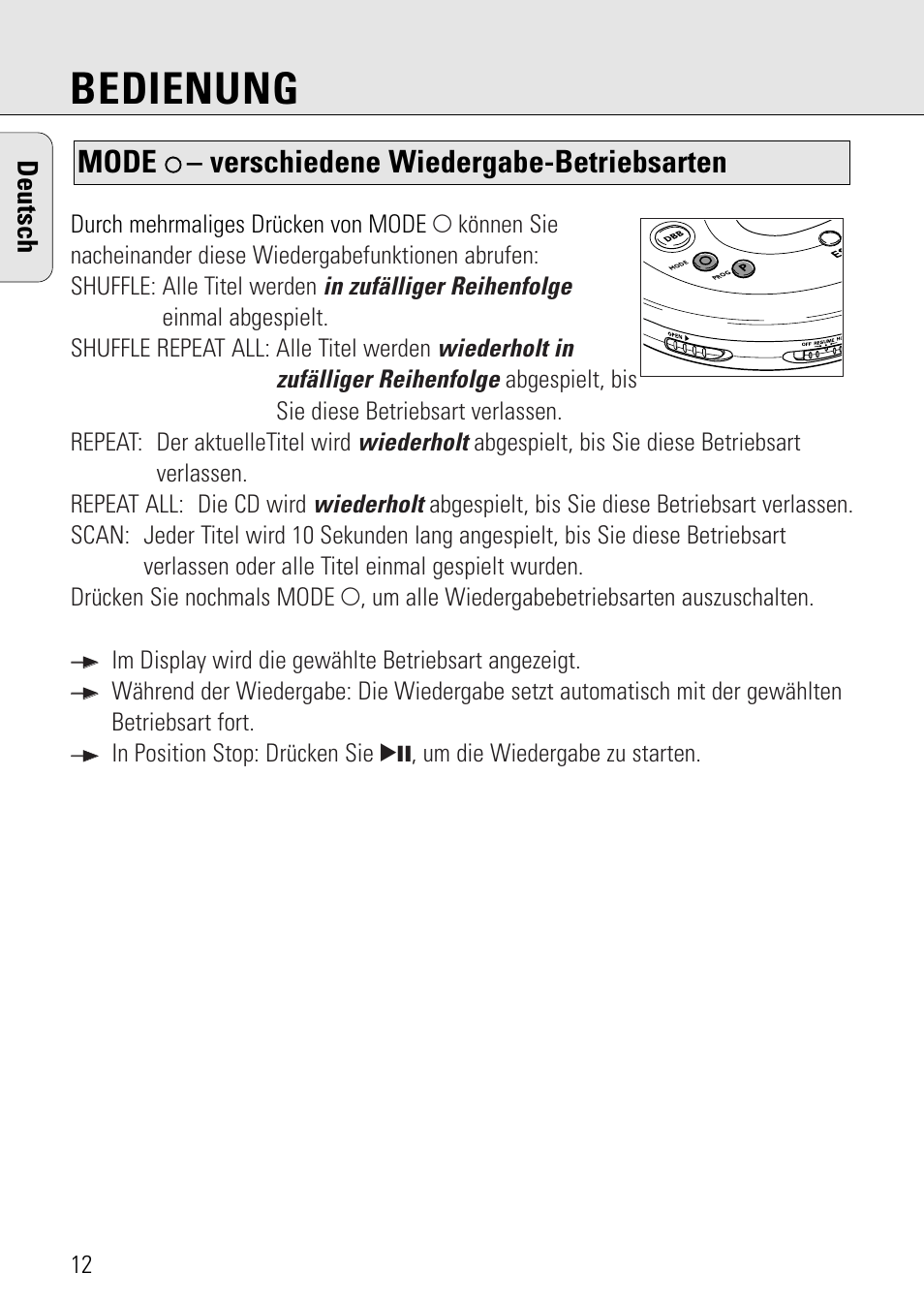 Bedienung, Mode, Verschiedene wiedergabe-betriebsarten | Deutsch | Philips AZ 7582 User Manual | Page 70 / 160