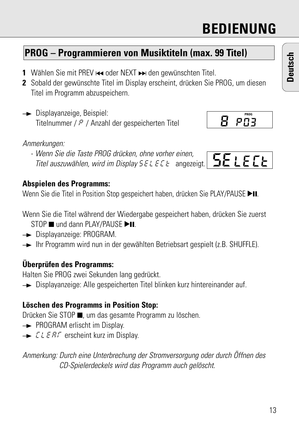 Bedienung, Deutsch | Philips AZ 7582 User Manual | Page 71 / 160