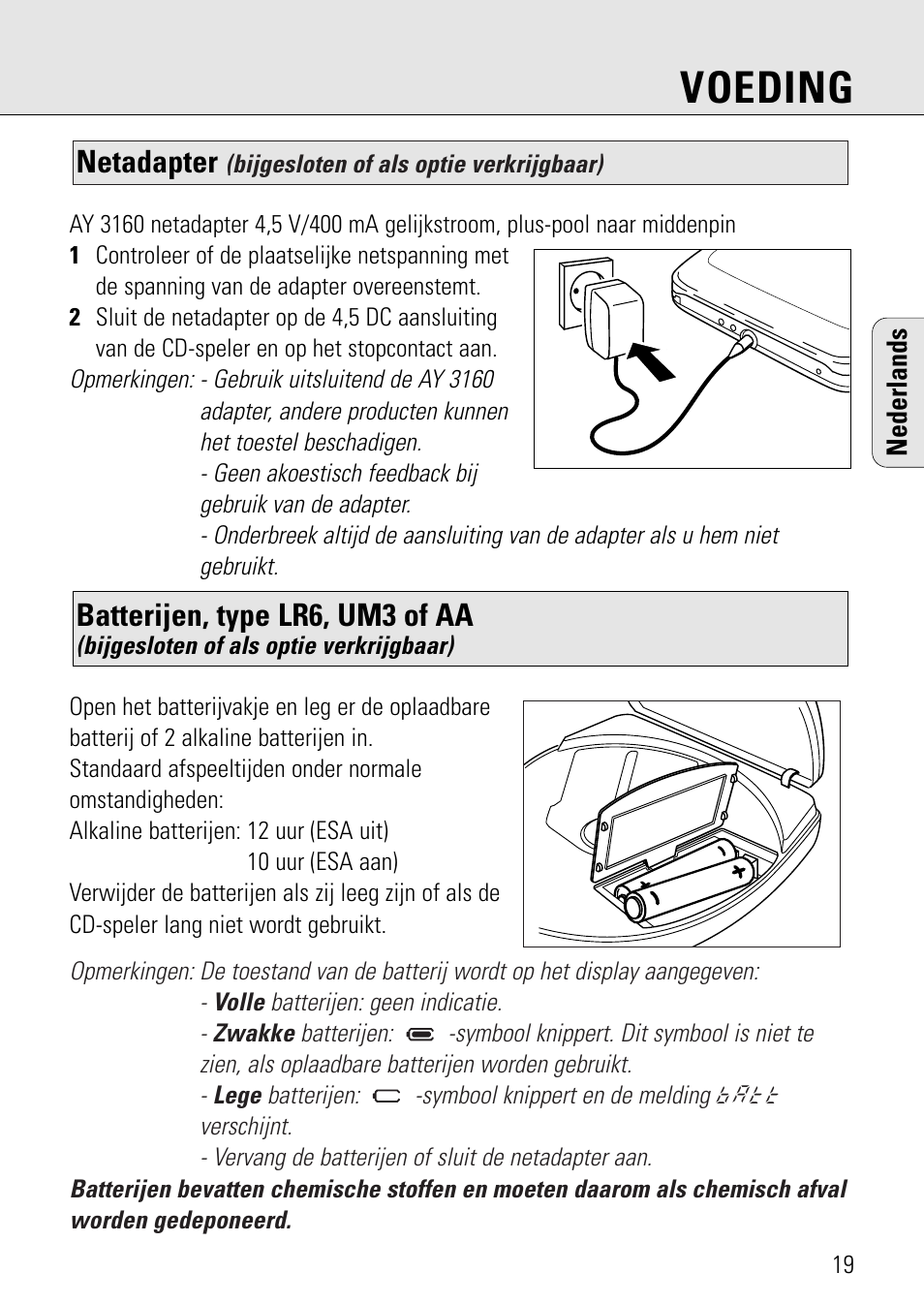 Voeding, Batterijen, type lr6, um3 of aa, Netadapter | Philips AZ 7582 User Manual | Page 77 / 160