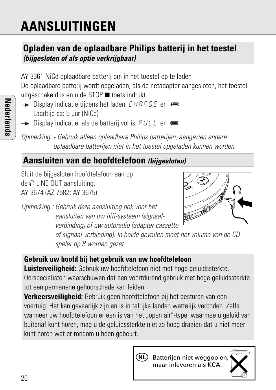 Aansluitingen, Aansluiten van de hoofdtelefoon | Philips AZ 7582 User Manual | Page 78 / 160