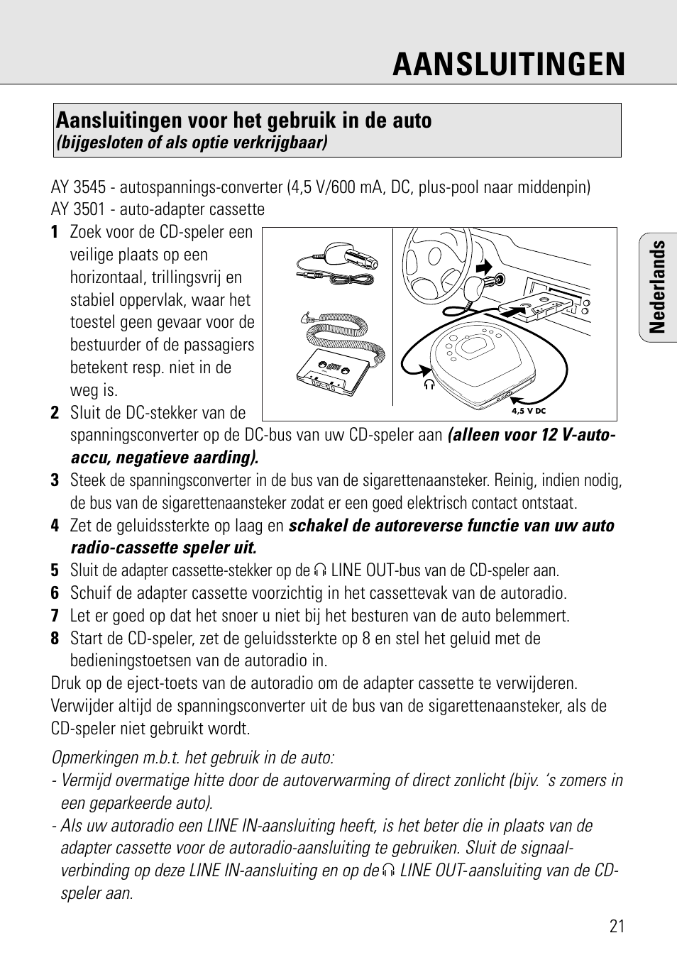 Aansluitingen, Aansluitingen voor het gebruik in de auto, Nederlands | Philips AZ 7582 User Manual | Page 79 / 160