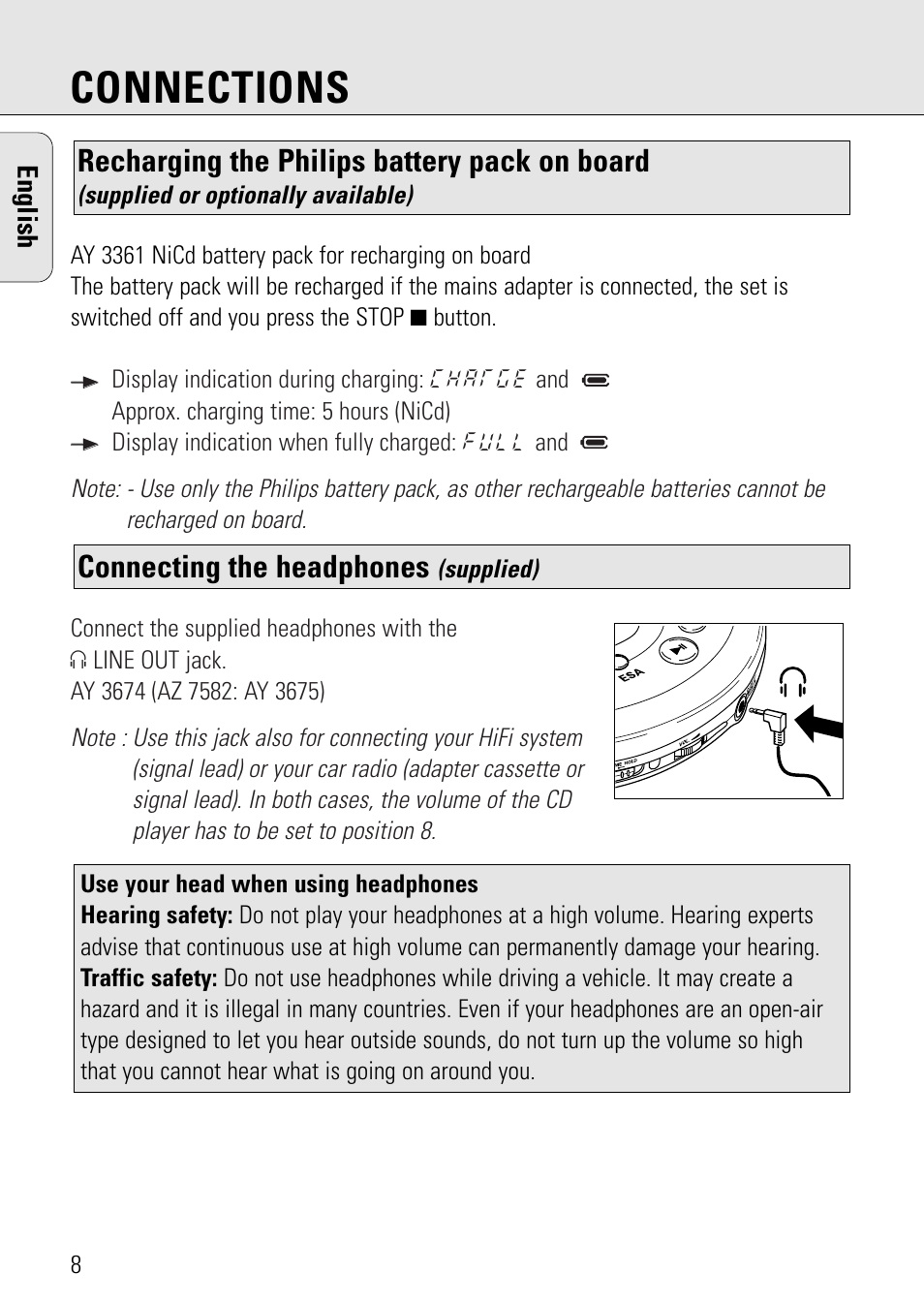 Connections, Connecting the headphones, Recharging the philips battery pack on board | Philips AZ 7582 User Manual | Page 8 / 160