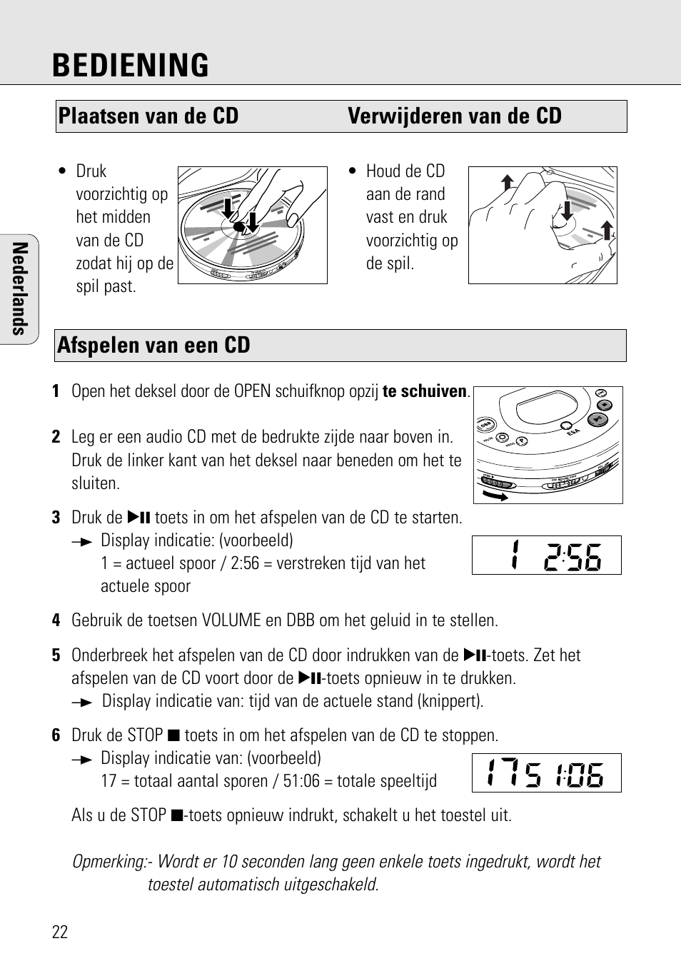 Bediening, Afspelen van een cd, Plaatsen van de cd verwijderen van de cd | Nederlands | Philips AZ 7582 User Manual | Page 80 / 160