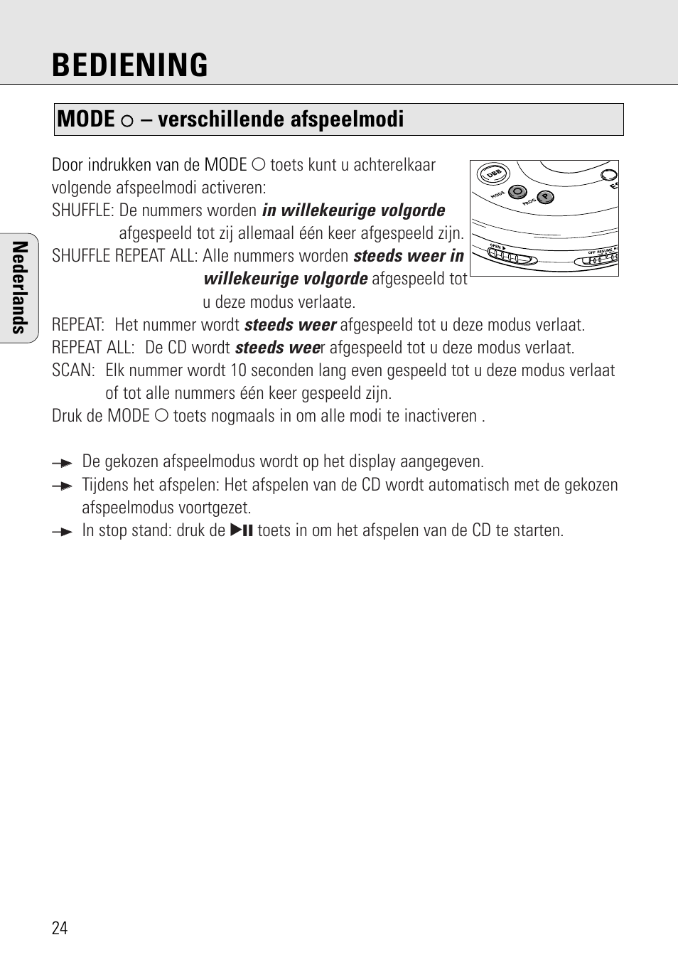 Bediening, Mode, Verschillende afspeelmodi | Nederlands | Philips AZ 7582 User Manual | Page 82 / 160