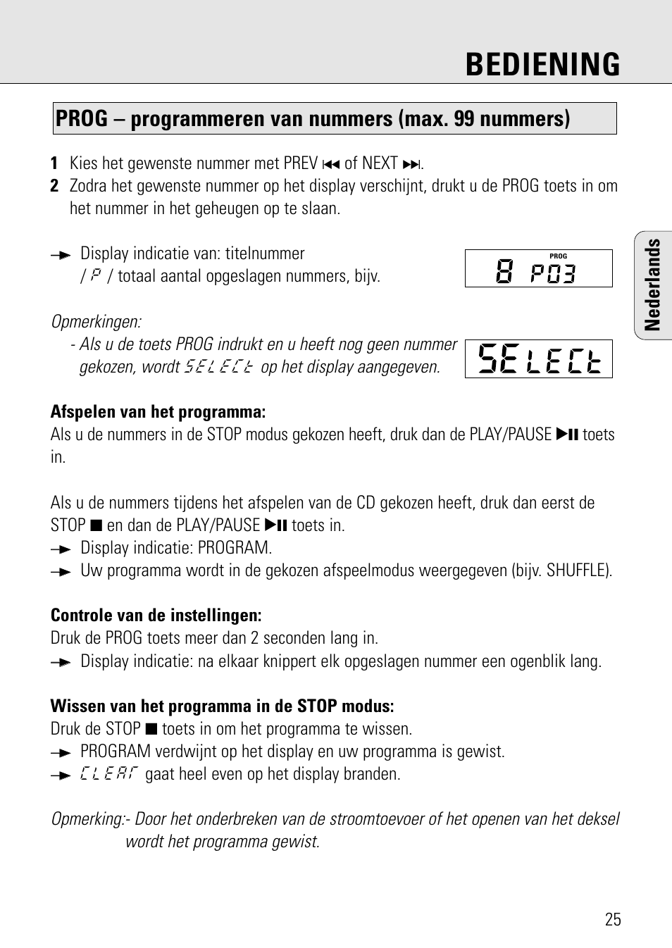 Bediening, Prog – programmeren van nummers (max. 99 nummers), Nederlands | Philips AZ 7582 User Manual | Page 83 / 160