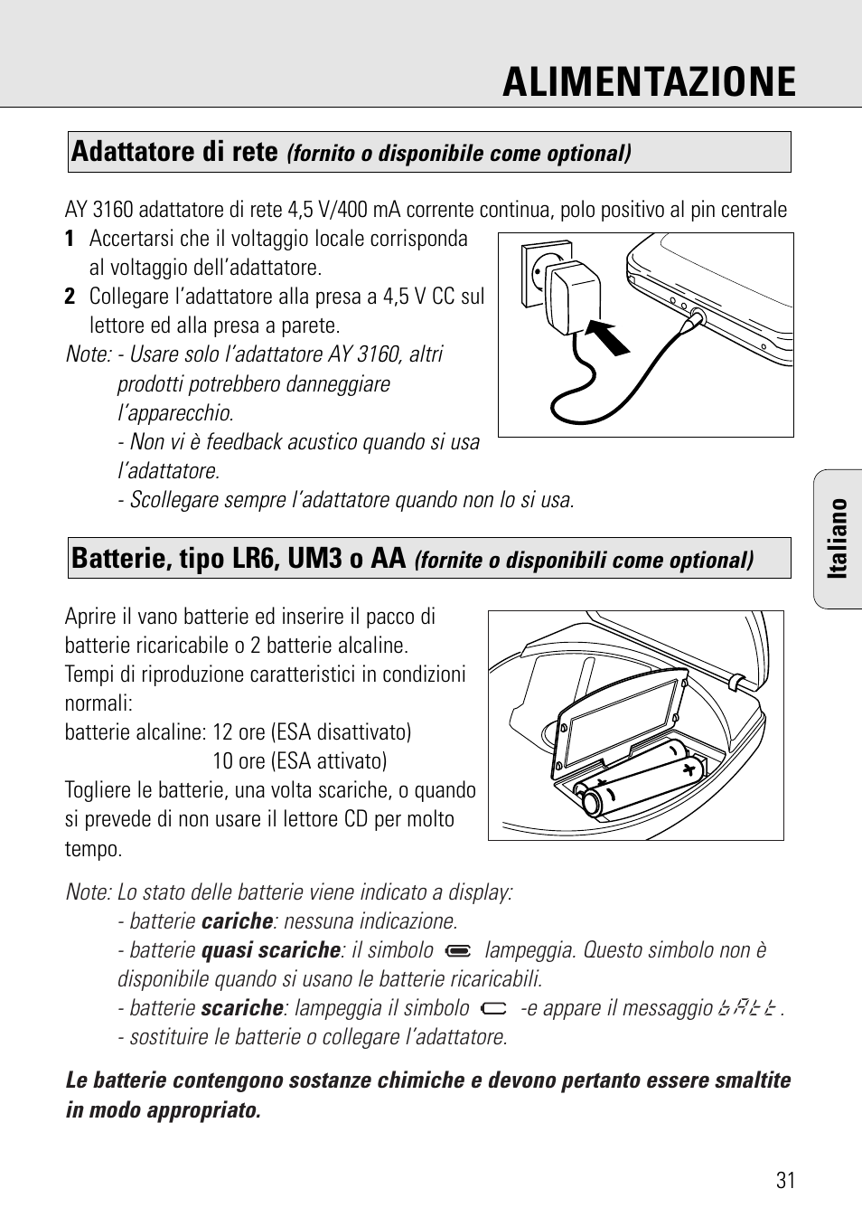 Alimentazione, Batterie, tipo lr6, um3 o aa, Adattatore di rete | Philips AZ 7582 User Manual | Page 89 / 160