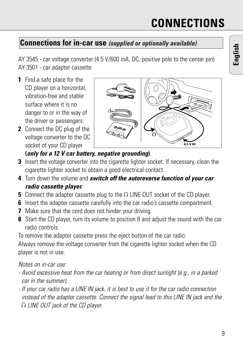 Connections, Connections for in-car use, English | Philips AZ 7582 User Manual | Page 9 / 160