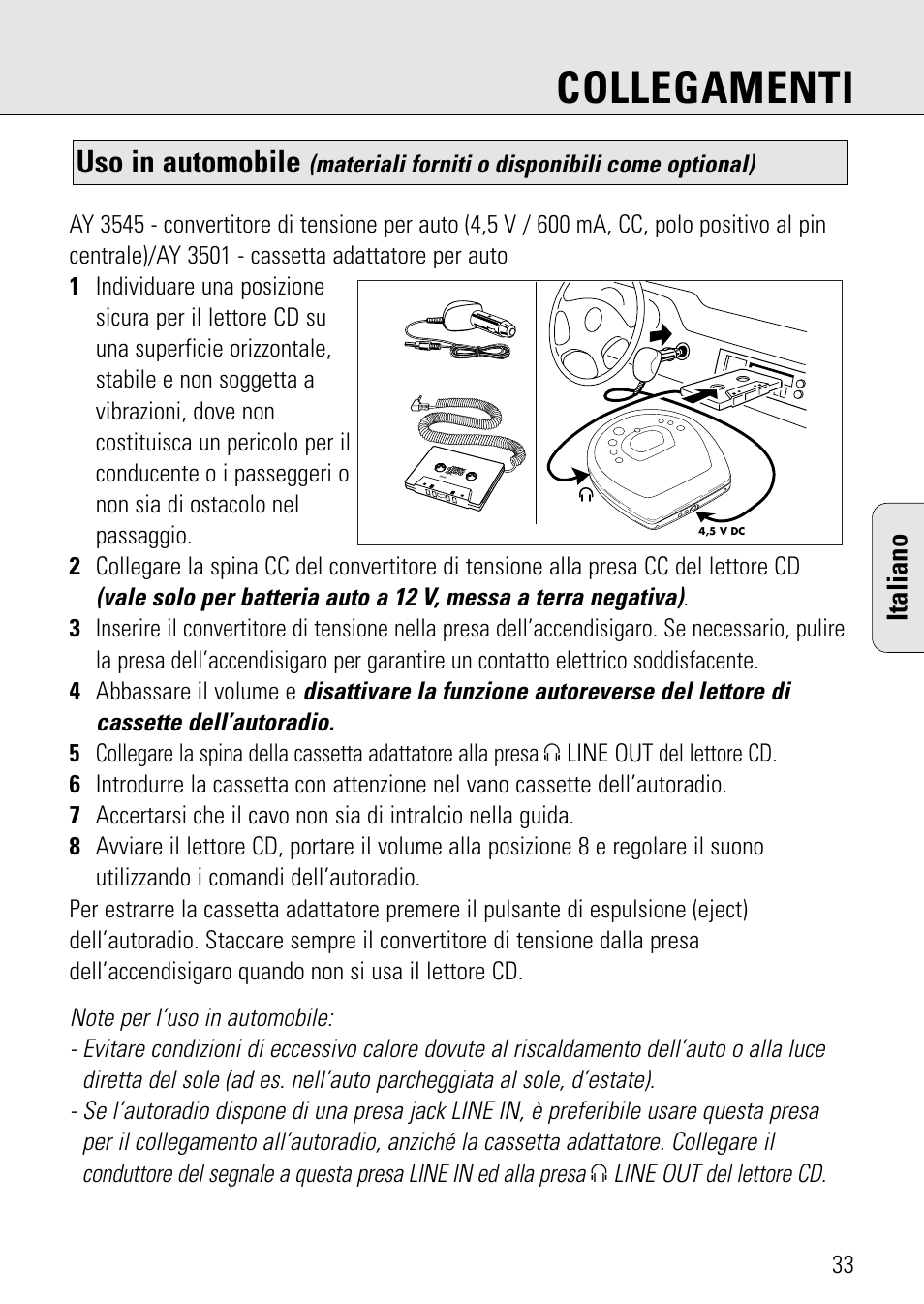 Collegamenti, Uso in automobile, Italiano | Philips AZ 7582 User Manual | Page 91 / 160