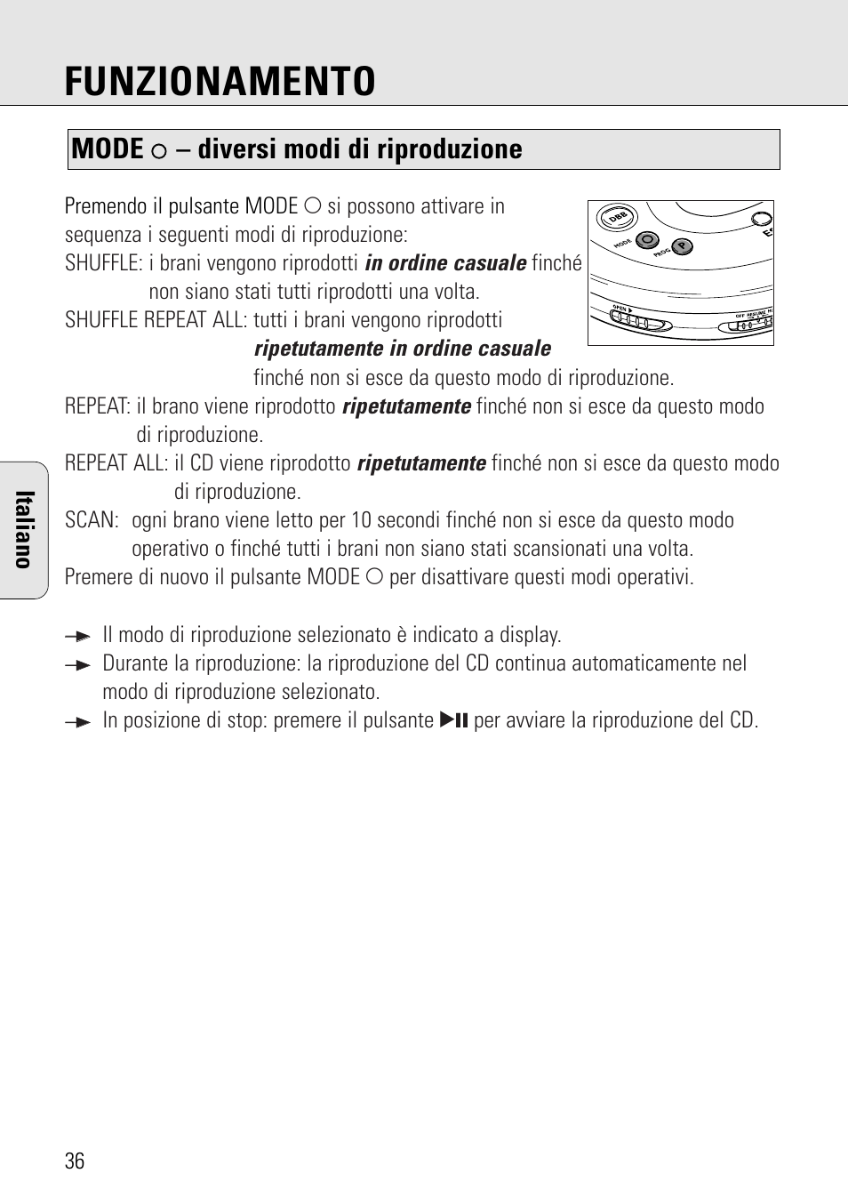 Funzionamento, Mode, Diversi modi di riproduzione | Italiano | Philips AZ 7582 User Manual | Page 94 / 160