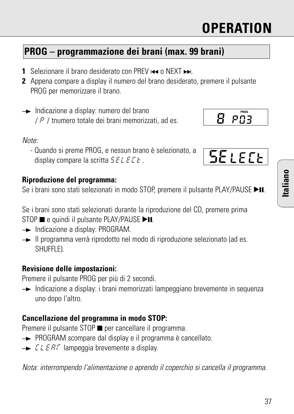 Operation, Prog – programmazione dei brani (max. 99 brani), Italiano | Philips AZ 7582 User Manual | Page 95 / 160