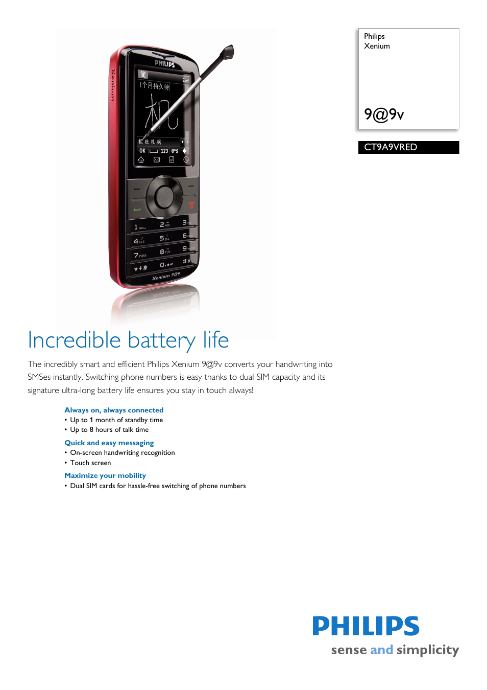 Philips Xenium CT9A9VRED User Manual | 3 pages