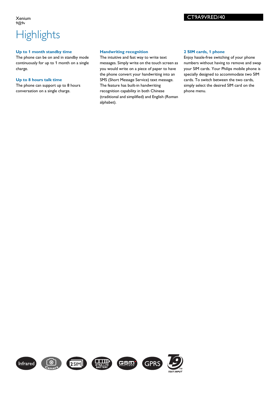 Highlights, Gprs | Philips Xenium CT9A9VRED User Manual | Page 2 / 3