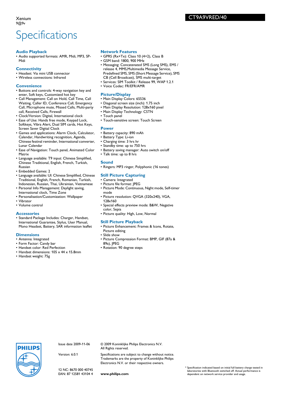 Specifications, Ct9a9vred/40 | Philips Xenium CT9A9VRED User Manual | Page 3 / 3