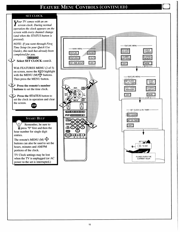 O <i, Eature, Ontrous | Continued | Philips 54XP43C/37 User Manual | Page 15 / 56