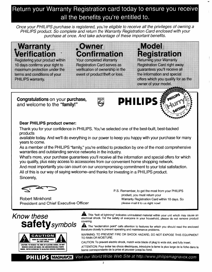 All the benefits you’re entitled to, Philips, Saf gty | Warranty i verification, Owrier i confirmation, Modeii registration, Know these, Symbols a | Philips 54XP43C/37 User Manual | Page 2 / 56