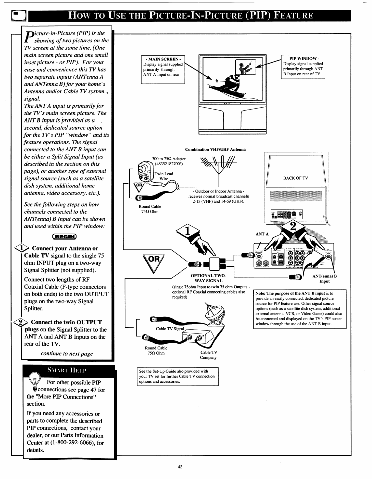 How to use the picture-in-picture (pip) feature, Pip) | Philips 54XP43C/37 User Manual | Page 42 / 56