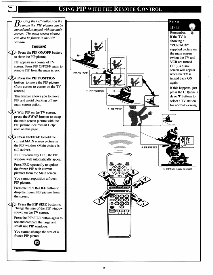 Using pip with the remote control | Philips 54XP43C/37 User Manual | Page 44 / 56