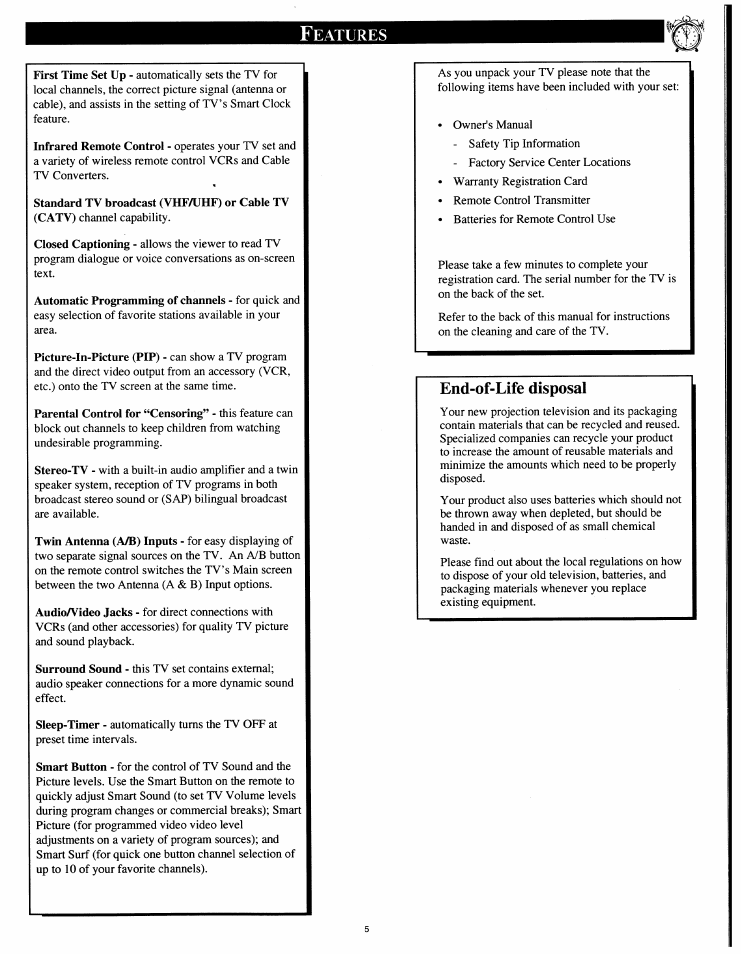 Features, End-of-life disposal | Philips 54XP43C/37 User Manual | Page 5 / 56