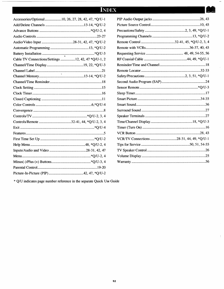 Index | Philips 54XP43C/37 User Manual | Page 52 / 56