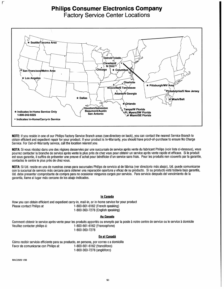 In canada, An canada, En el canadá | Factory service center locations, Philips consumer electronics company | Philips 54XP43C/37 User Manual | Page 53 / 56