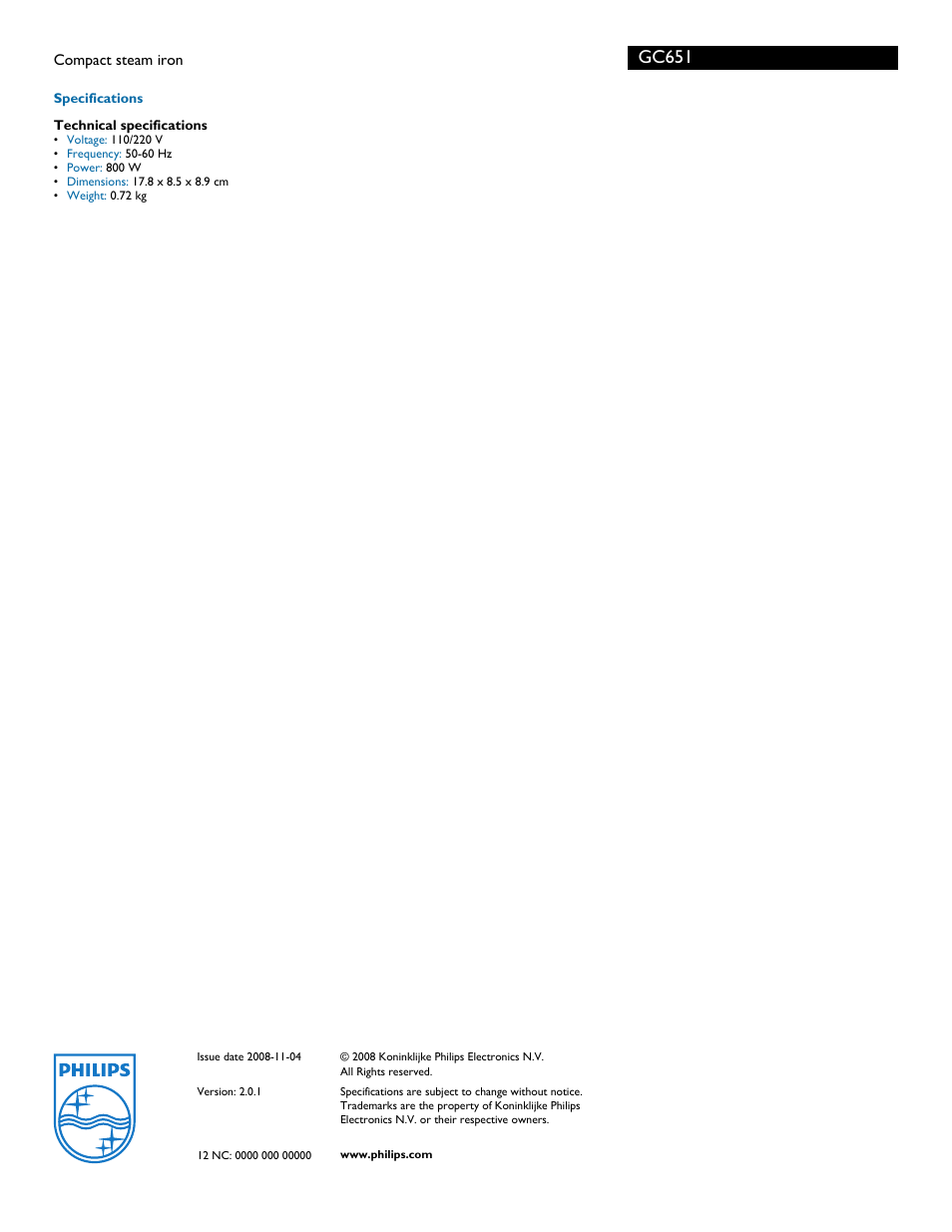 Gc651 | Philips GC651 User Manual | Page 2 / 2