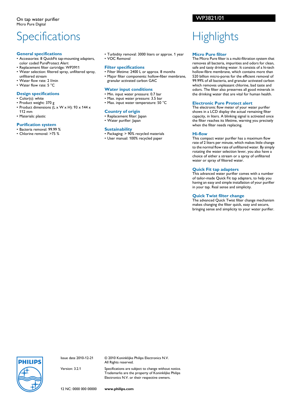 Specifications, Highlights | Philips WP3821 User Manual | Page 2 / 2