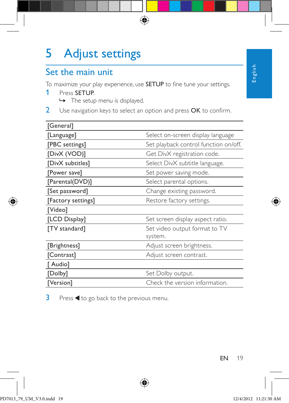 5 adjust settings, Set the main unit | Philips PD7013/79 User Manual | Page 19 / 27