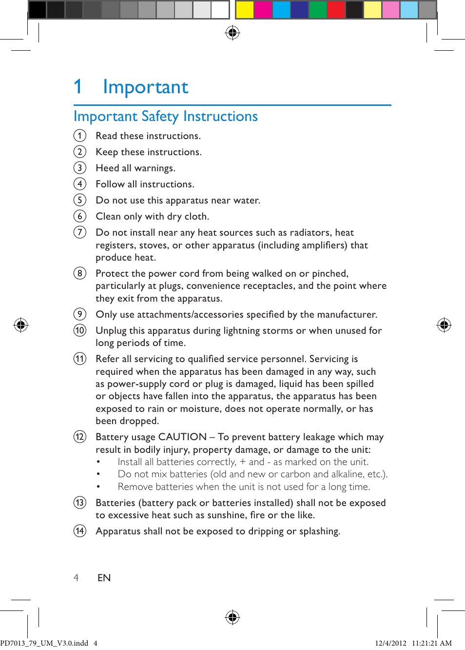 1 important, Important safety instructions | Philips PD7013/79 User Manual | Page 4 / 27