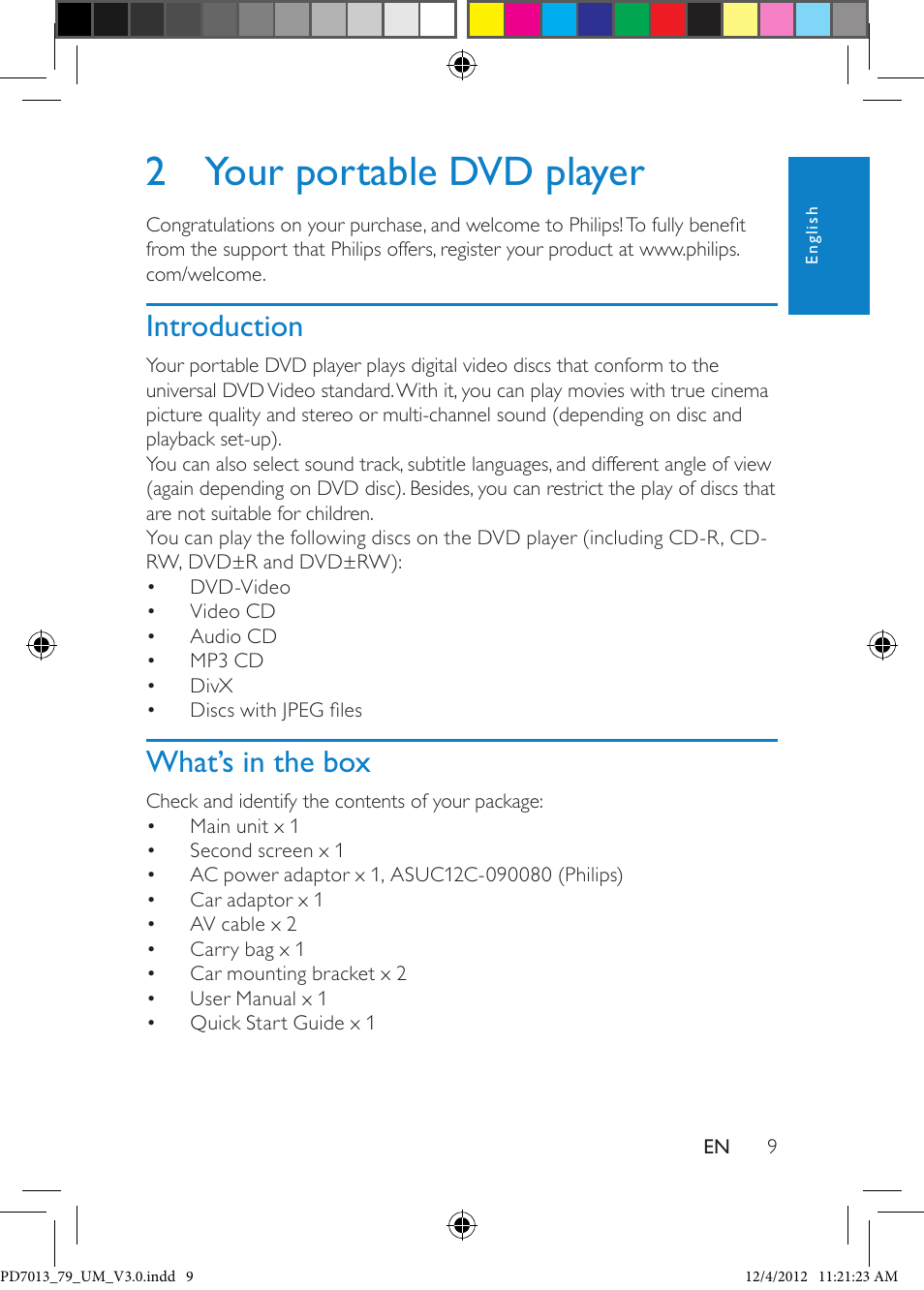2 your portable dvd player, Introduction, What’s in the box | Philips PD7013/79 User Manual | Page 9 / 27