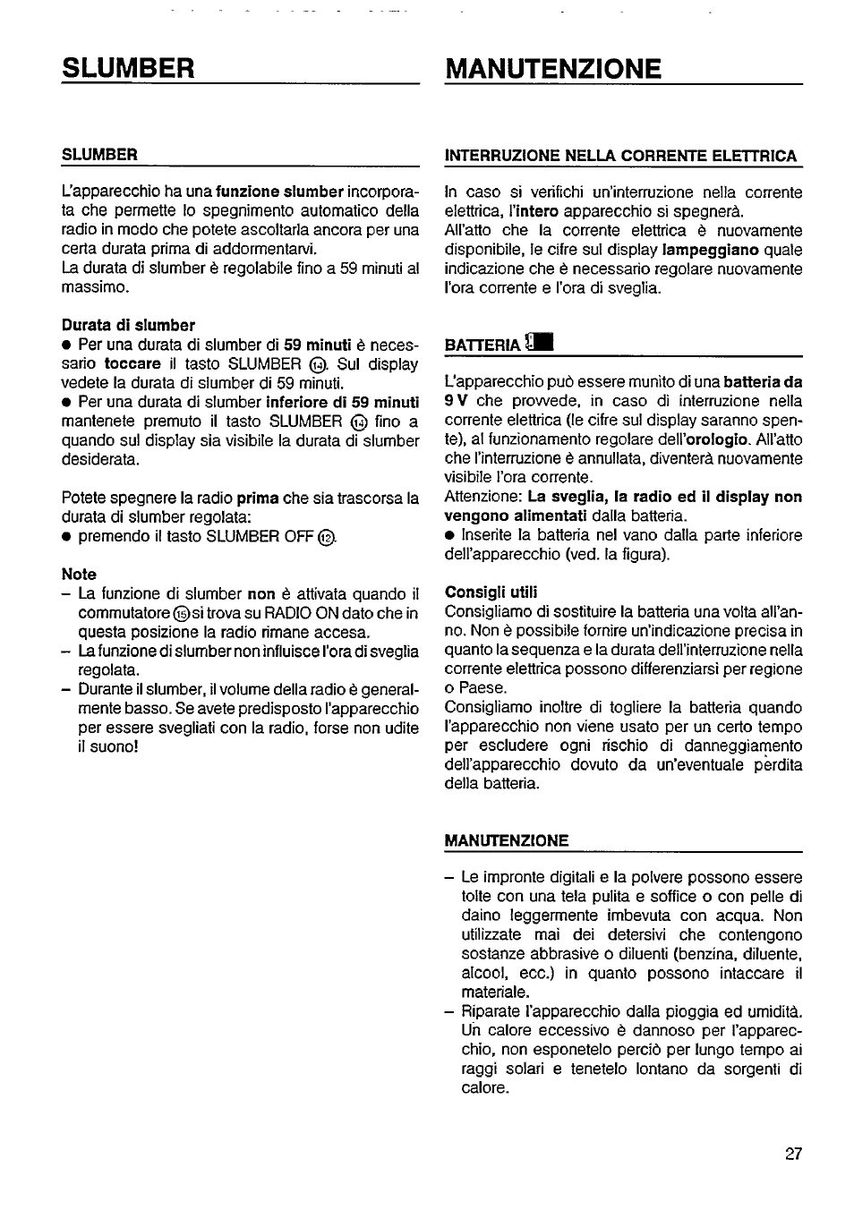 Manutenzione, Slumber, Durata di slumber | Note, Interruzione nella corrente elettrica, Batteria m, Consigli utili, Slumber manutenzione | Philips AJ3600/05 User Manual | Page 7 / 10