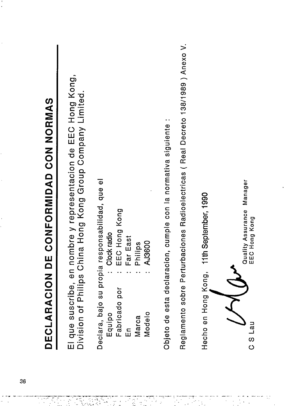 Declaracion de conformidad con normas | Philips AJ3600/05 User Manual | Page 8 / 10