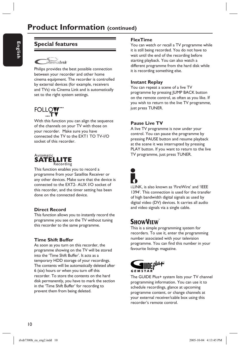 Special features, Product information | Philips DVDR7300H User Manual | Page 10 / 95