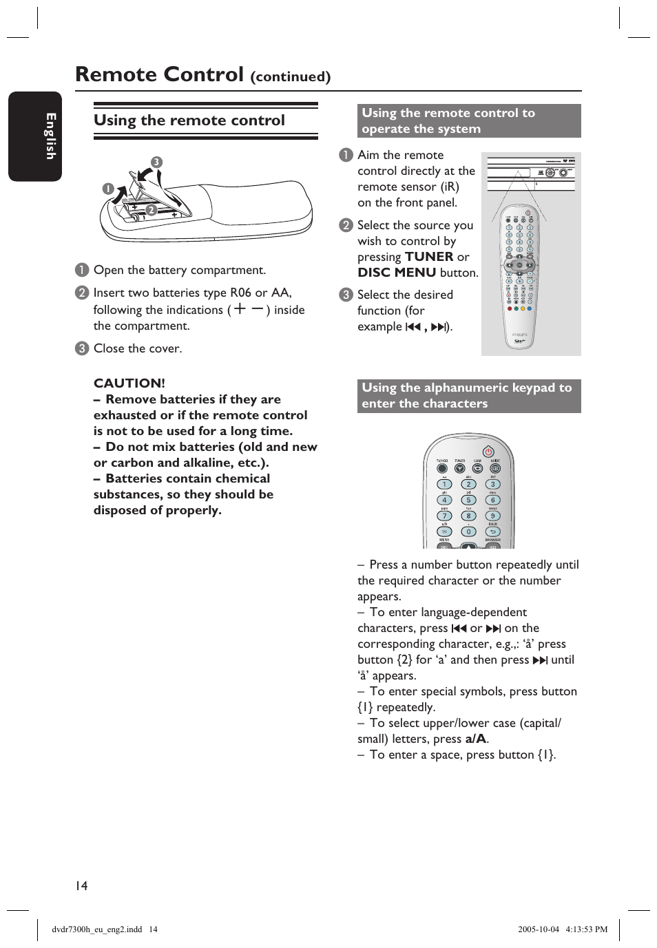 Remote control, Using the remote control | Philips DVDR7300H User Manual | Page 14 / 95