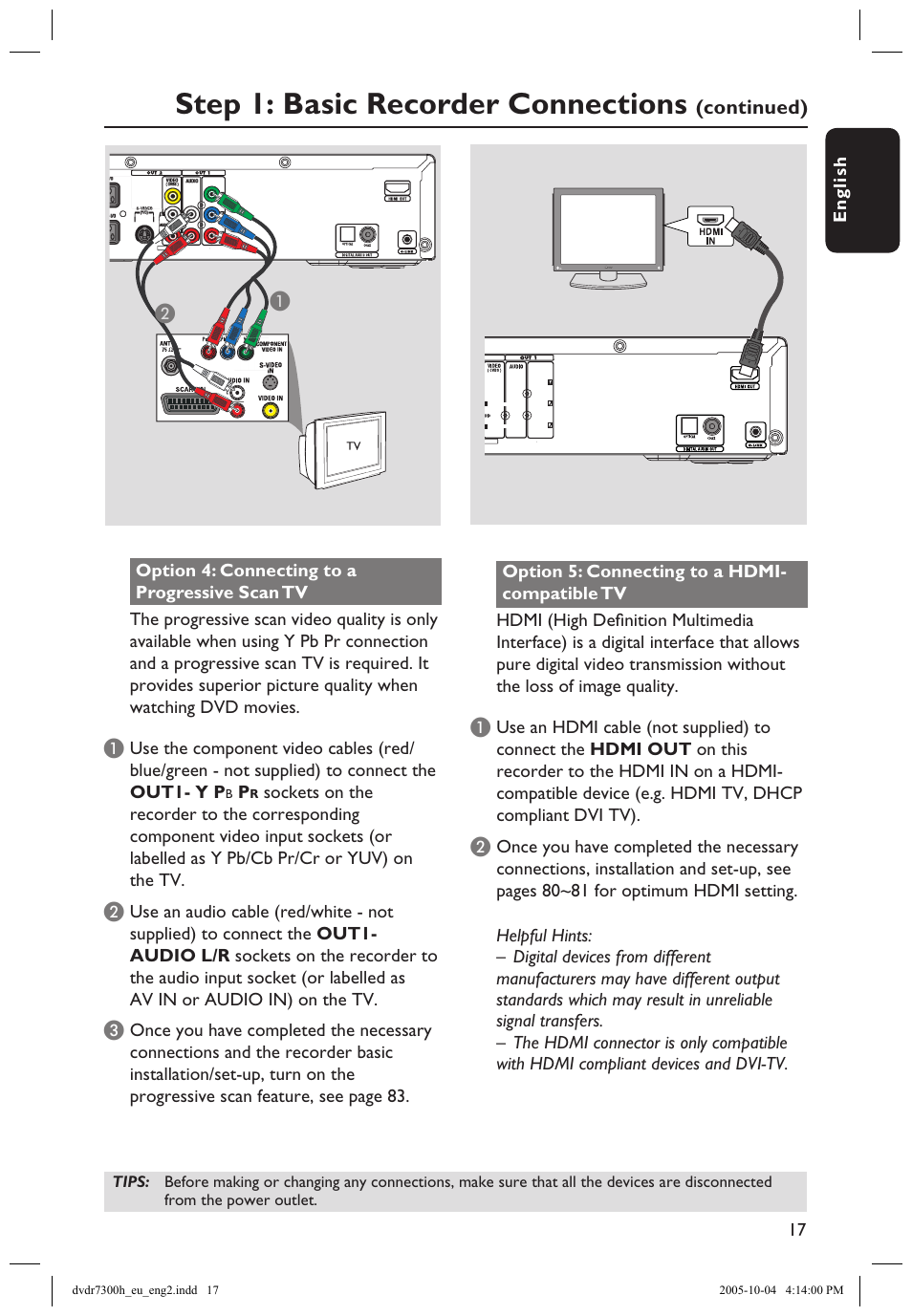 Step 1: basic recorder connections | Philips DVDR7300H User Manual | Page 17 / 95