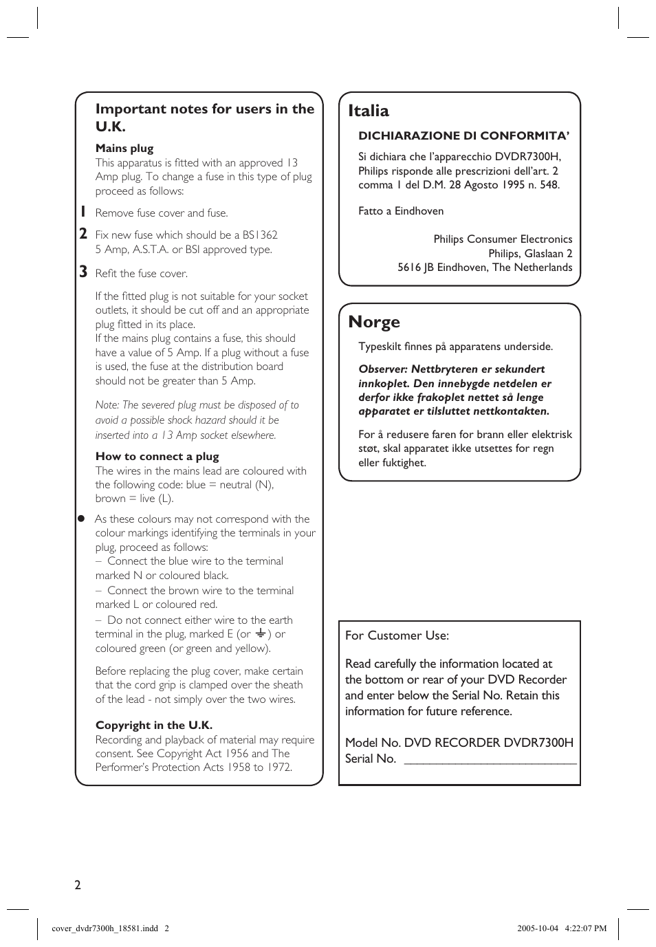 Norge, Italia | Philips DVDR7300H User Manual | Page 2 / 95