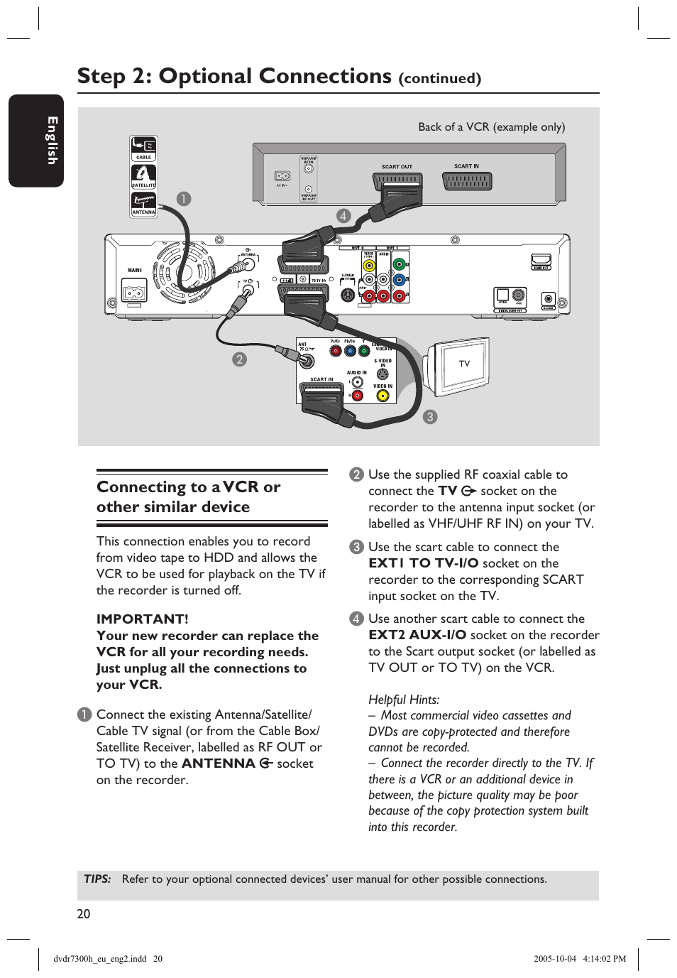 Connecting to a vcr or other similar device, Step 2: optional connections | Philips DVDR7300H User Manual | Page 20 / 95