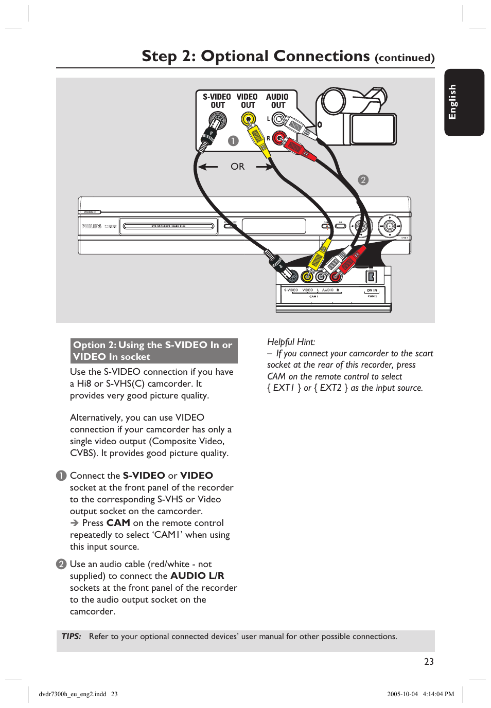 Step 2: optional connections | Philips DVDR7300H User Manual | Page 23 / 95