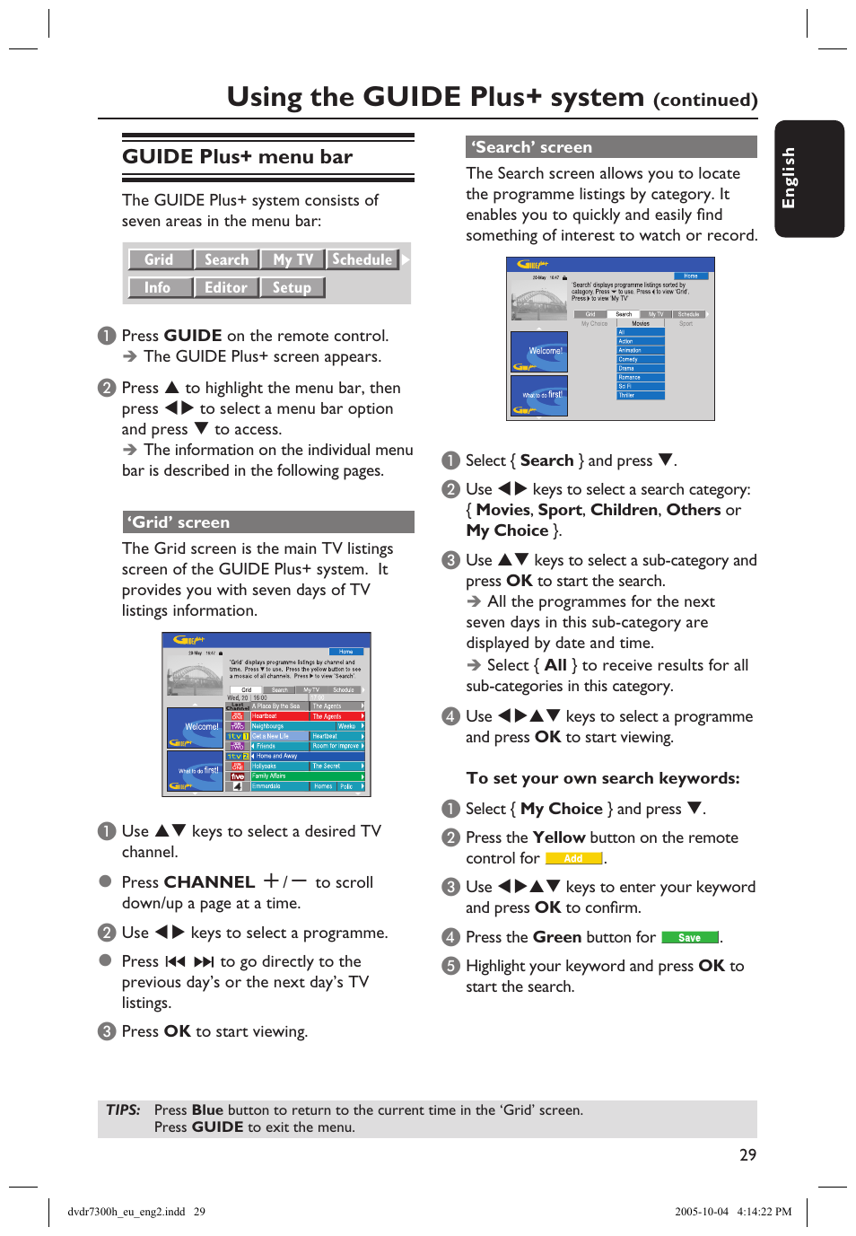 Guide plus+® menu bar, Guide plus+ menu bar ~3, Using the guide plus+ system | Guide plus+ menu bar | Philips DVDR7300H User Manual | Page 29 / 95