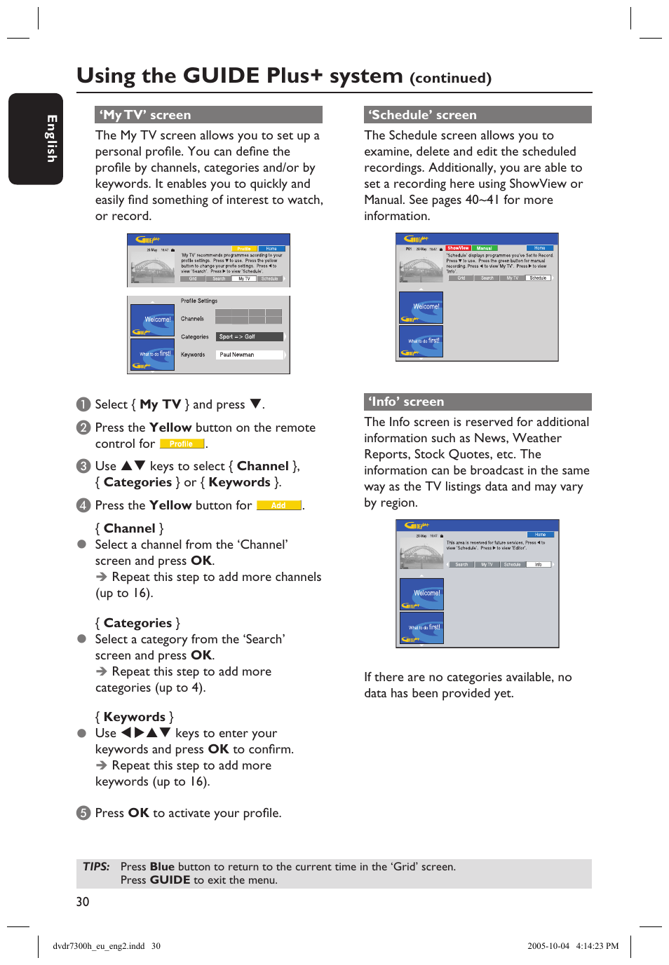 Using the guide plus+ system | Philips DVDR7300H User Manual | Page 30 / 95