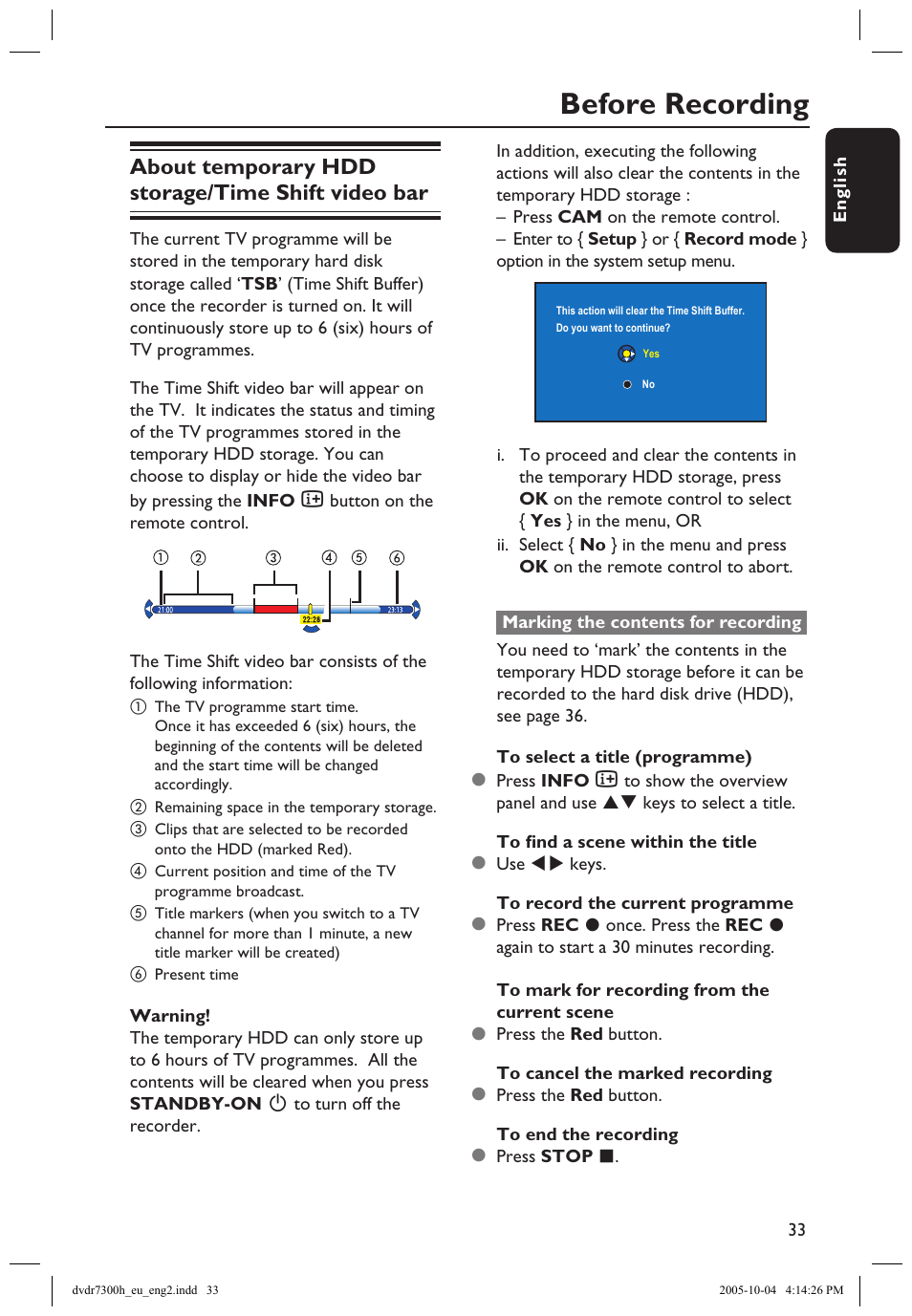 Before recording, About temporary hdd storage/time shift video bar | Philips DVDR7300H User Manual | Page 33 / 95