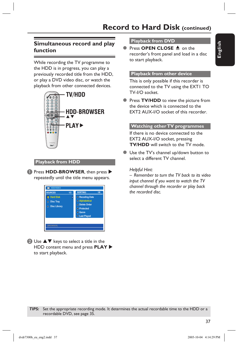 Simultaneous record and play function, Record to hard disk, Continued) | Philips DVDR7300H User Manual | Page 37 / 95