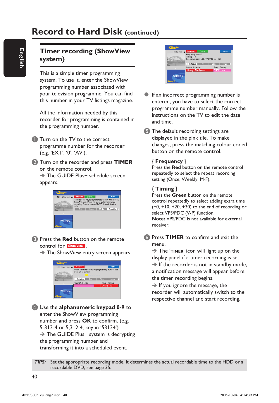 Recording from camcorder, Record to hard disk, Timer recording (showview system) | Philips DVDR7300H User Manual | Page 40 / 95