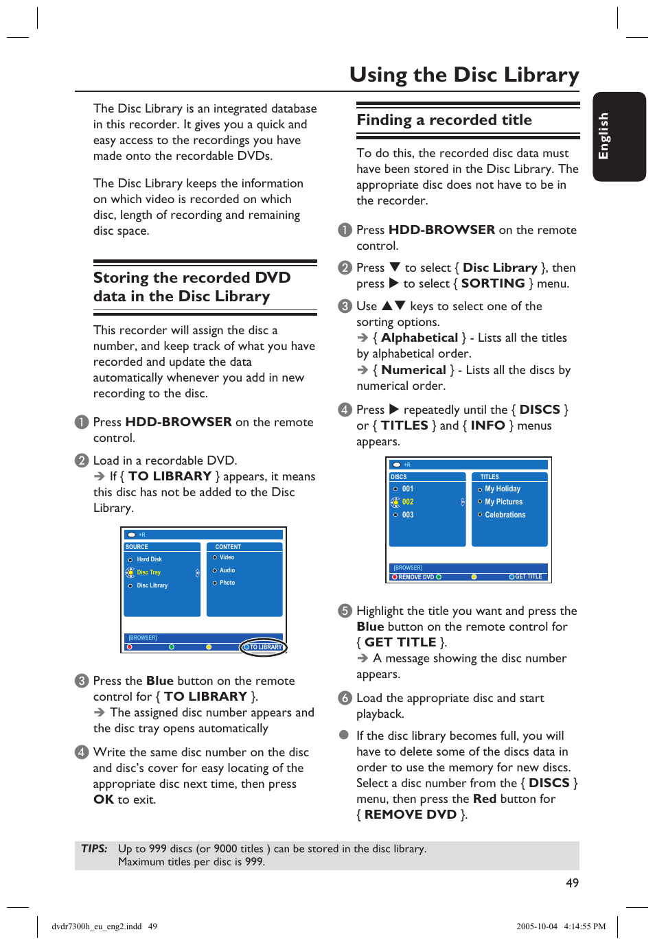 Using the disc library, Storing the recorded dvd data in the disc library, Finding a recorded title | Philips DVDR7300H User Manual | Page 49 / 95