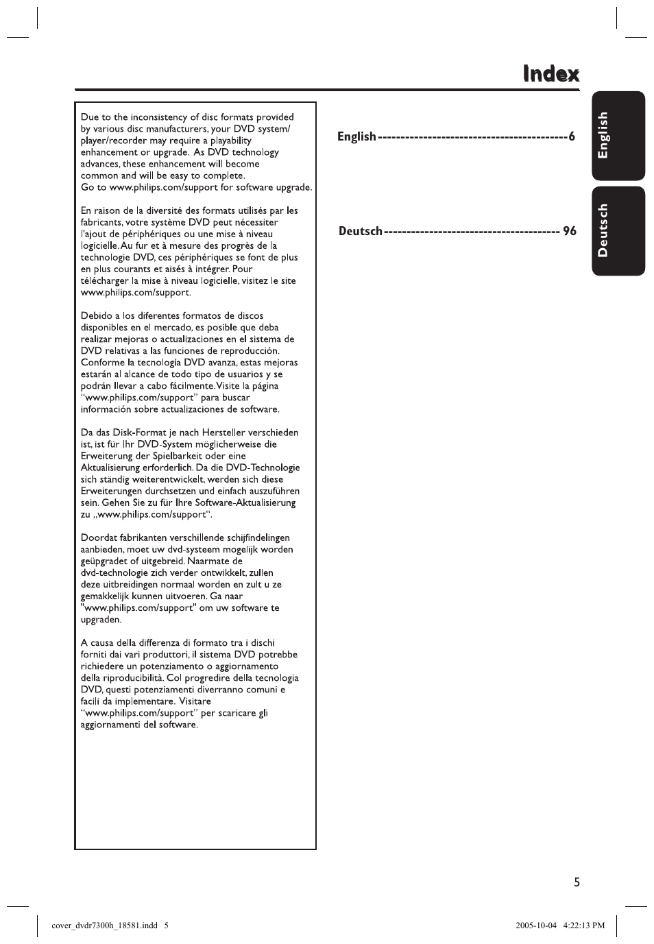 Index | Philips DVDR7300H User Manual | Page 5 / 95