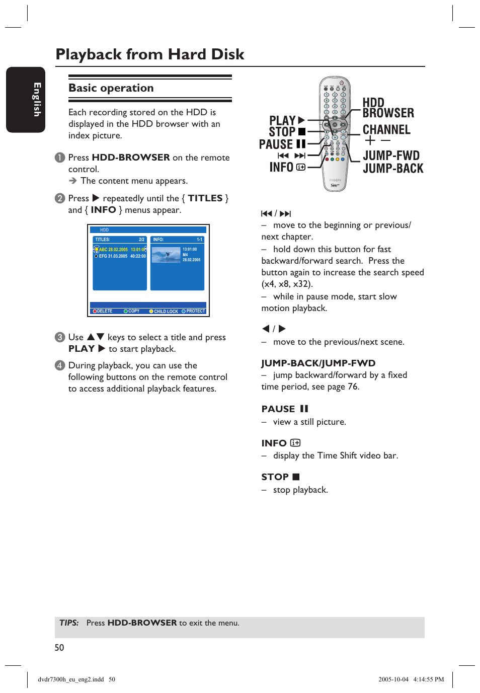 Playback from hard disk, Basic operation | Philips DVDR7300H User Manual | Page 50 / 95