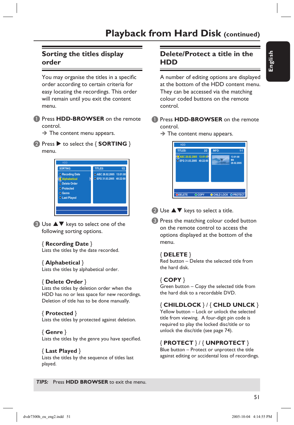 Delete/protect a title in the hdd, Sorting the titles display order, Playback from hard disk | Continued) | Philips DVDR7300H User Manual | Page 51 / 95