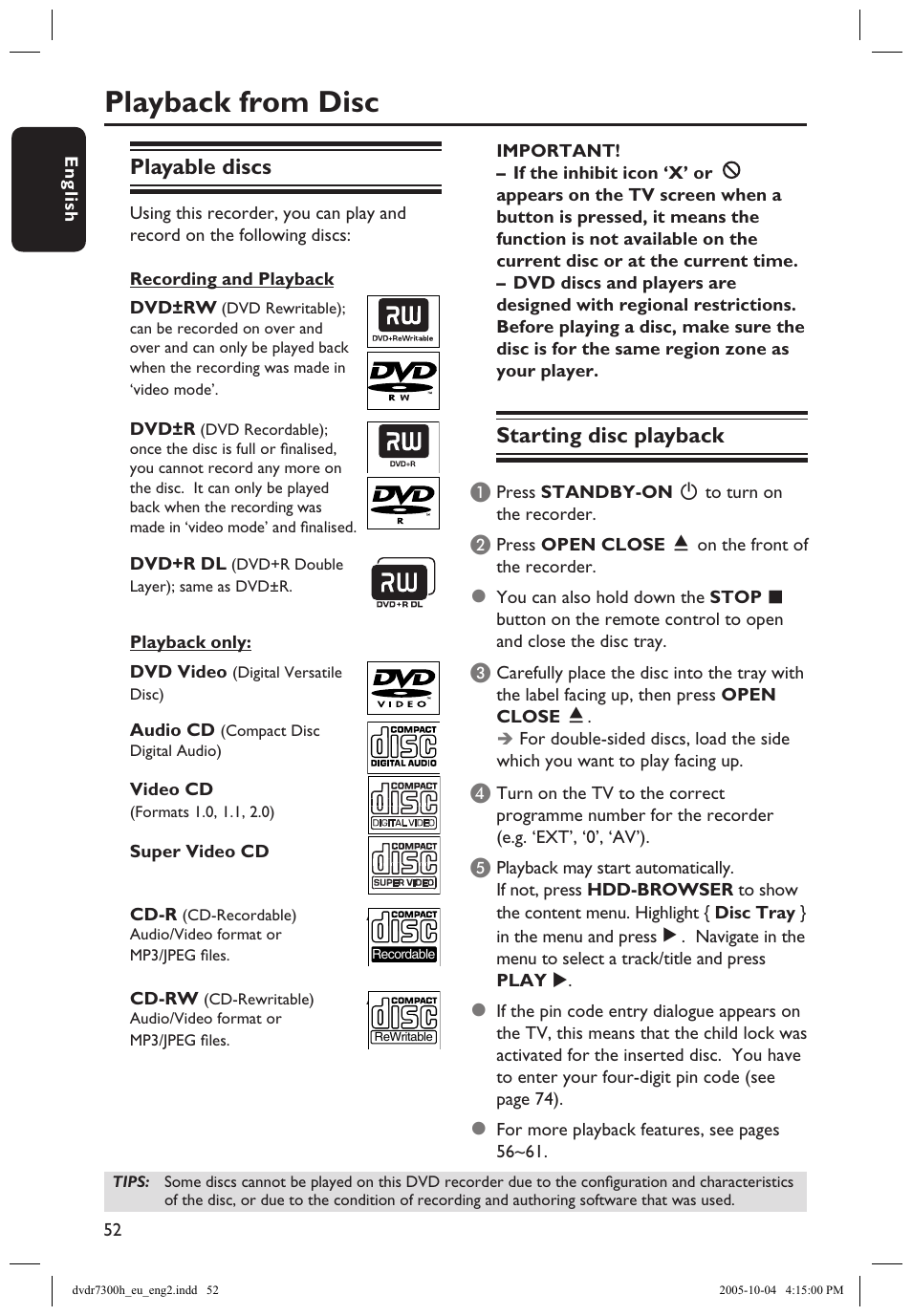 Playback from disc, Playable discs, Starting disc playback | Philips DVDR7300H User Manual | Page 52 / 95