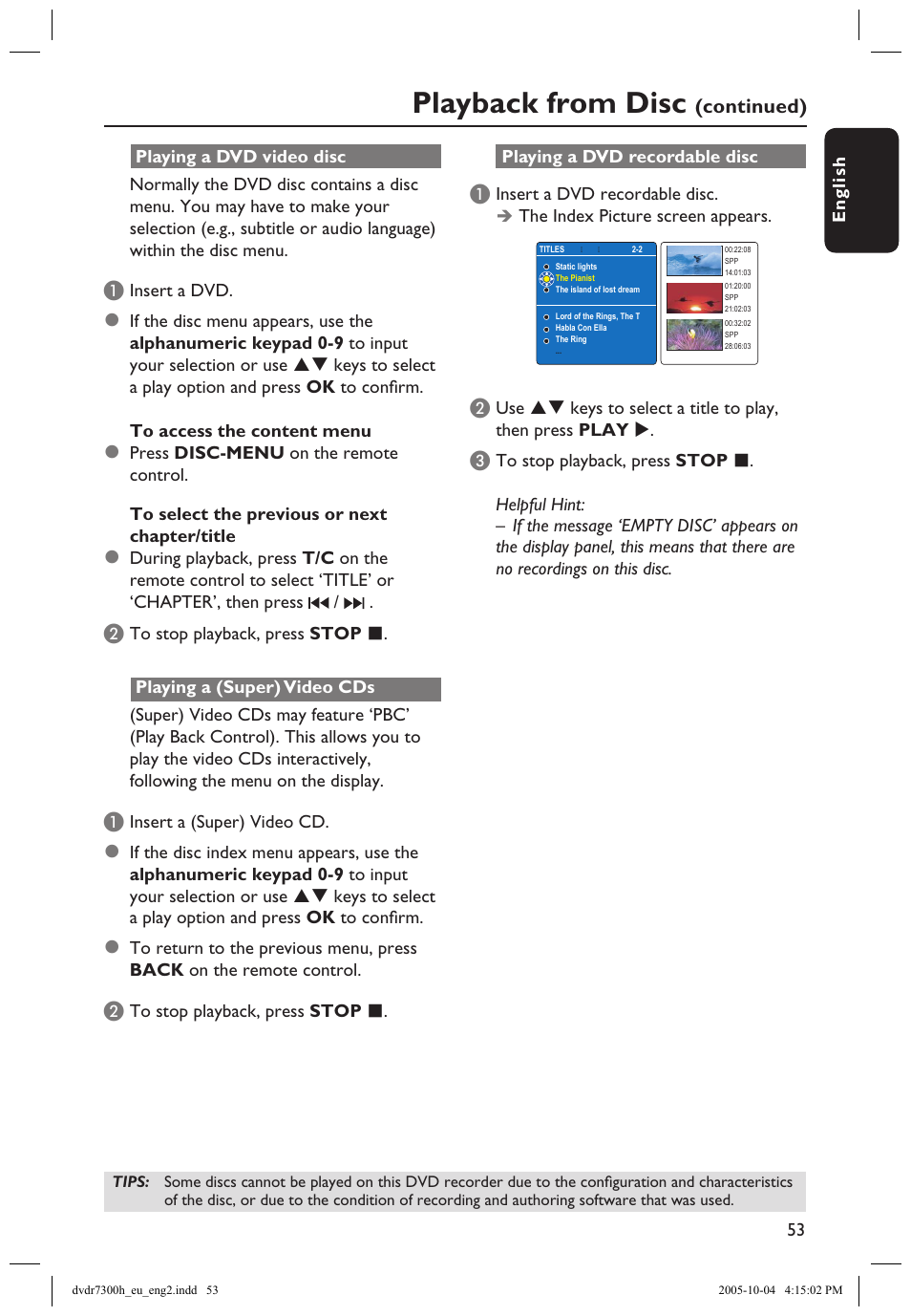 Playback from disc | Philips DVDR7300H User Manual | Page 53 / 95