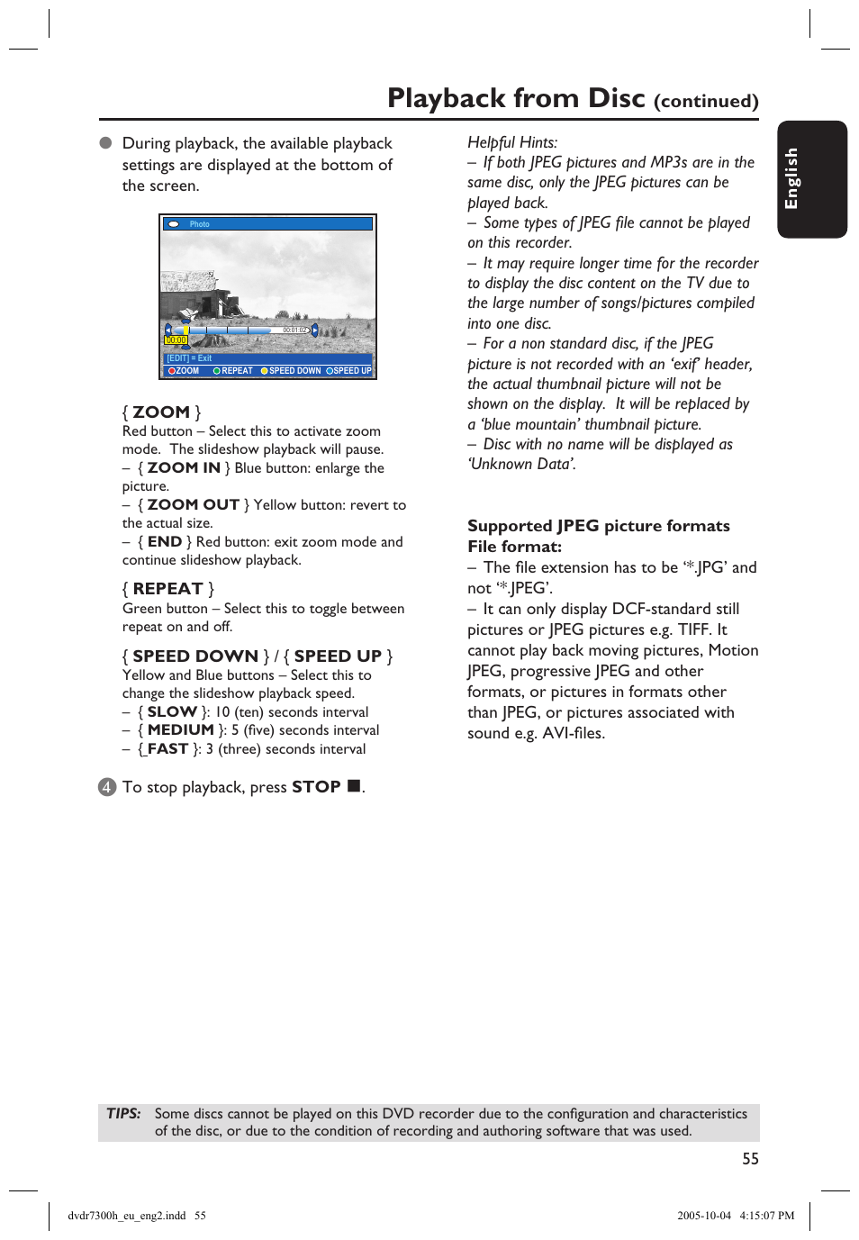 Playback from disc, Continued) | Philips DVDR7300H User Manual | Page 55 / 95