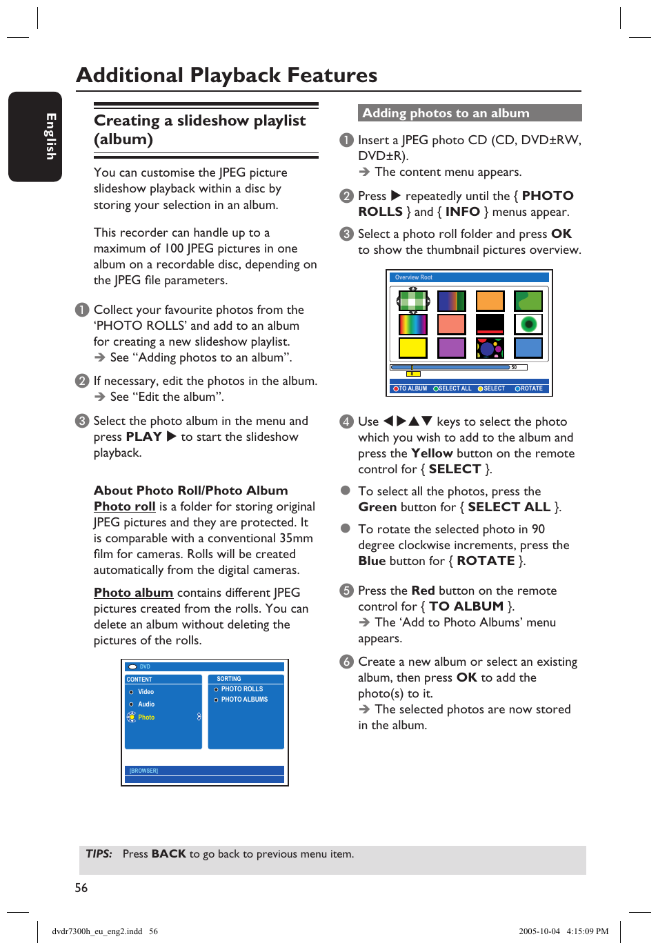 Additional playback features, Creating a slideshow playlist (album) | Philips DVDR7300H User Manual | Page 56 / 95